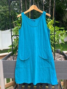 Fresh Produce Women's Teal Slub Cotton Drape Tank Dress Pockets Sz M Beach Coast